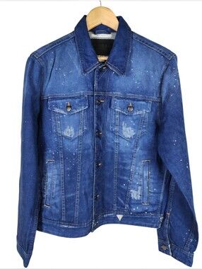 Vintage Y2K Guess Rex Denim Jacket Paint Splatter Pattern Blue Size Medium